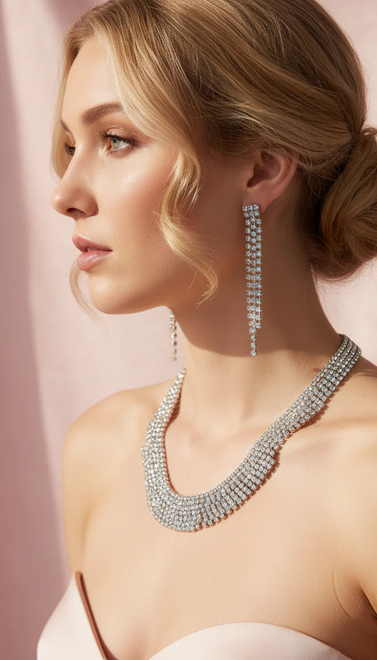 Tennis Collar Crystal Statement Necklace & Earrings Set