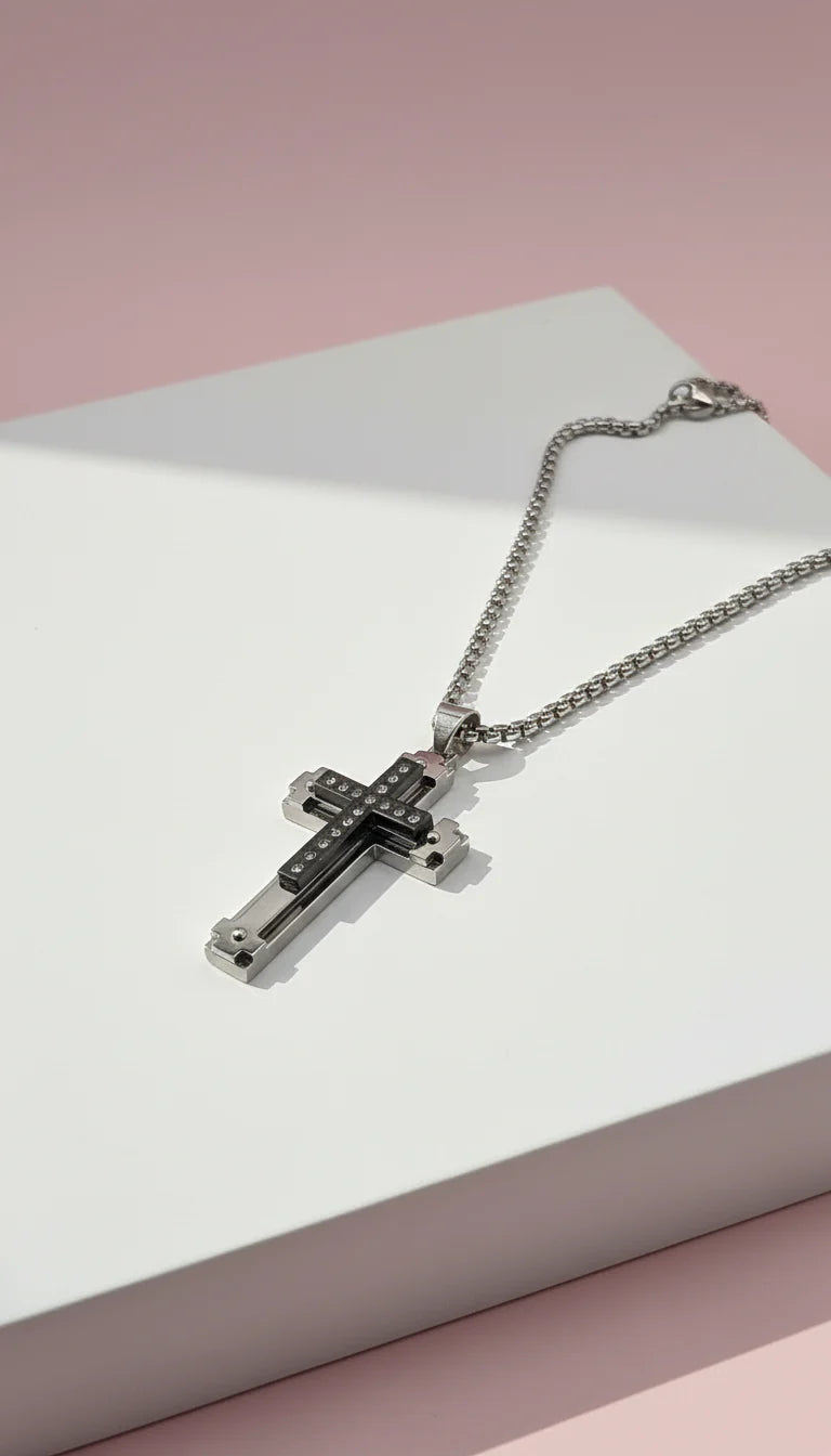Waterproof Two Tone Black Stainless Steel Cross Necklace