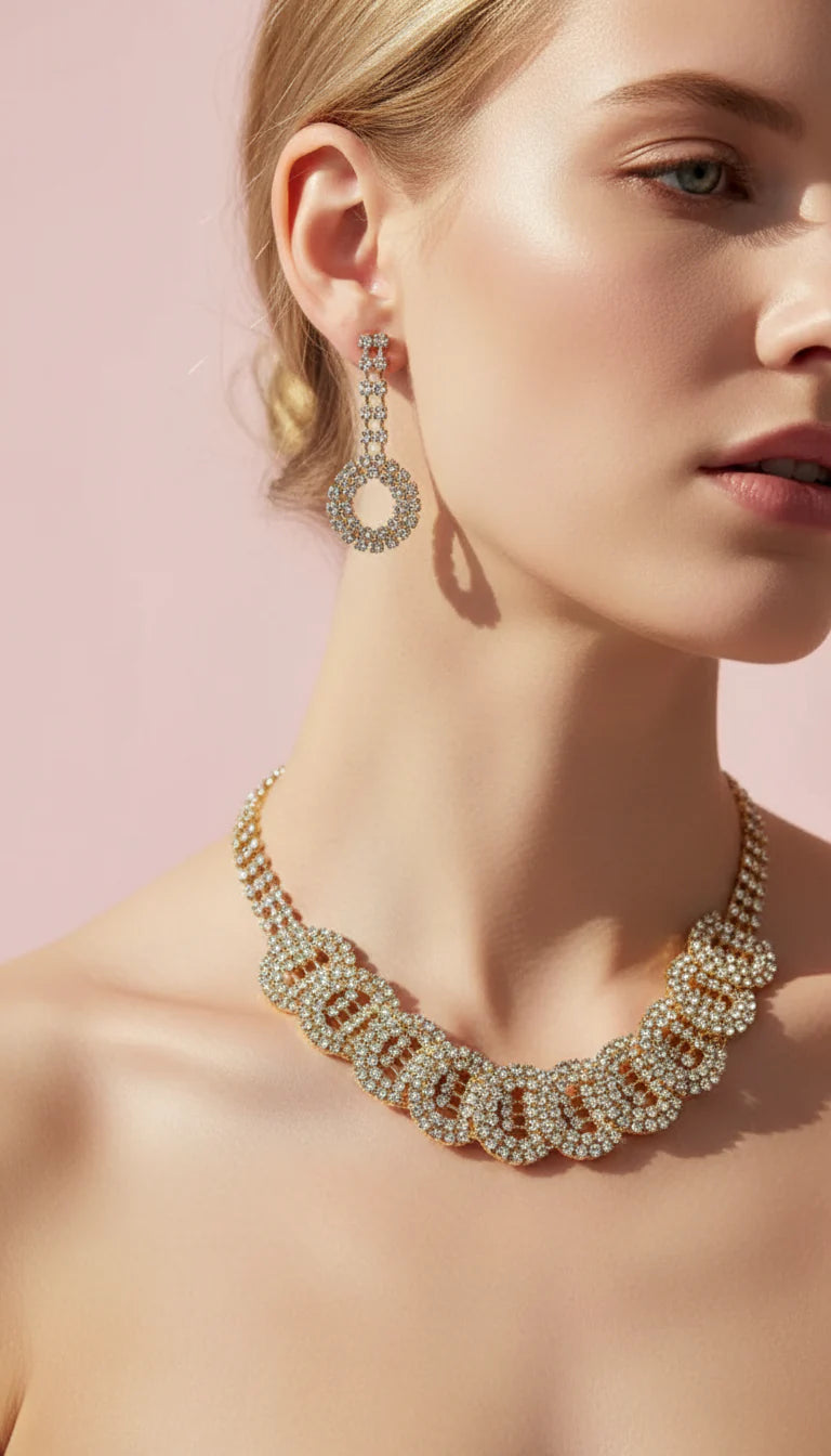 Crystal Round Link Statement Necklace & Earrings Set