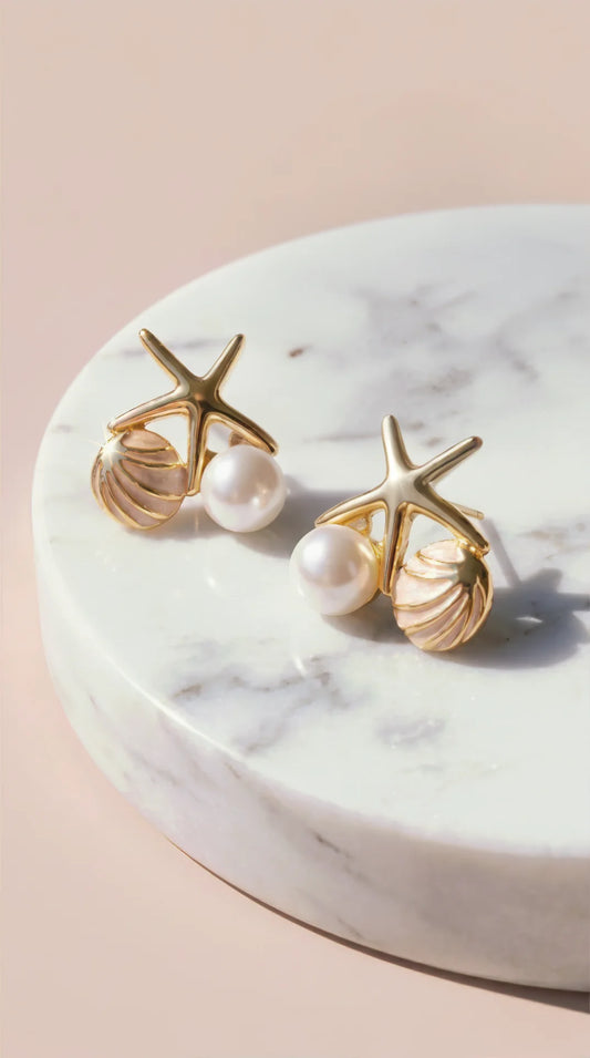 Starfish & Seashell Pearl Stud Earrings