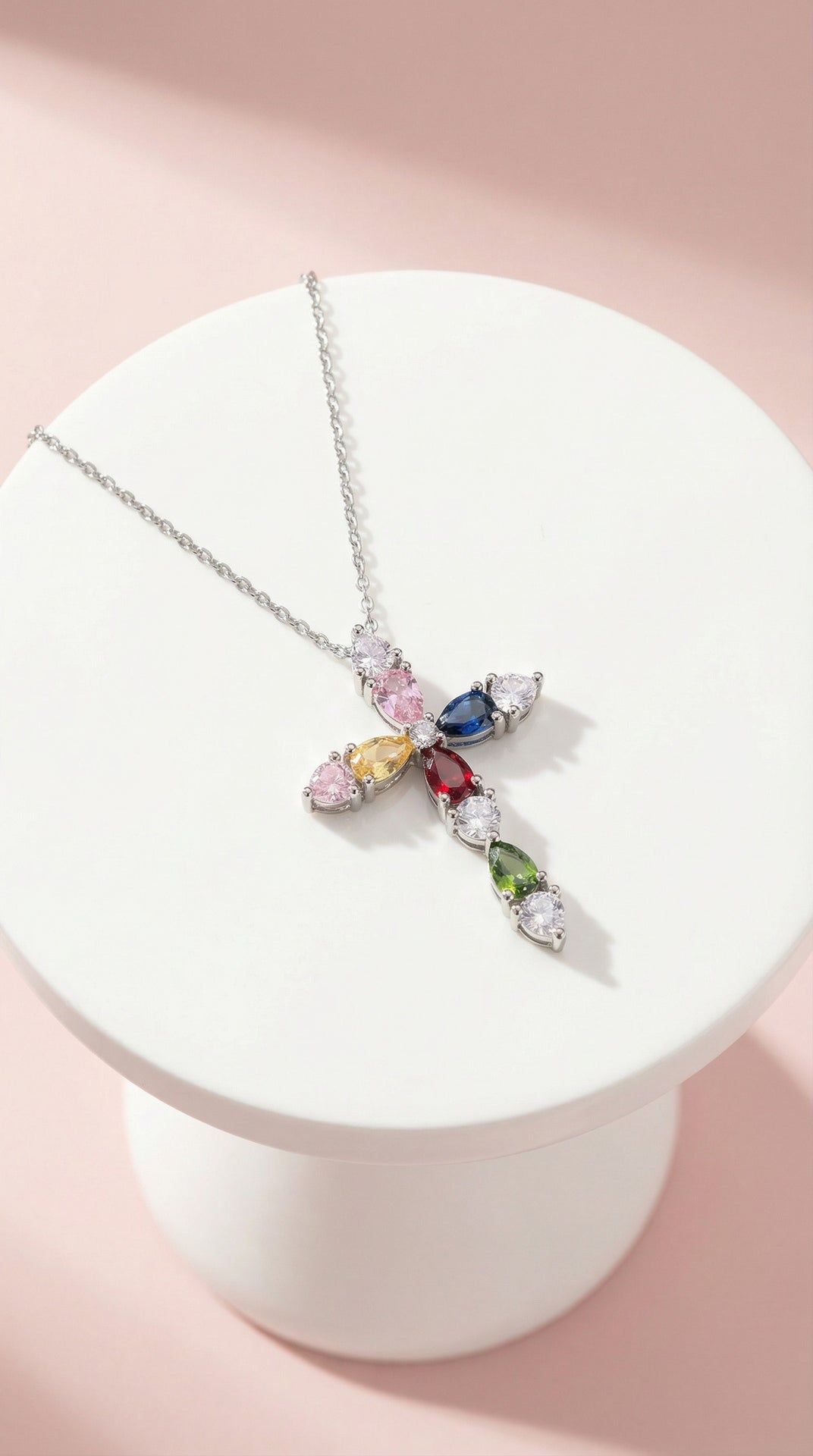 Waterproof Oval Rainbow Crystal Cross Stainless Steel Necklace