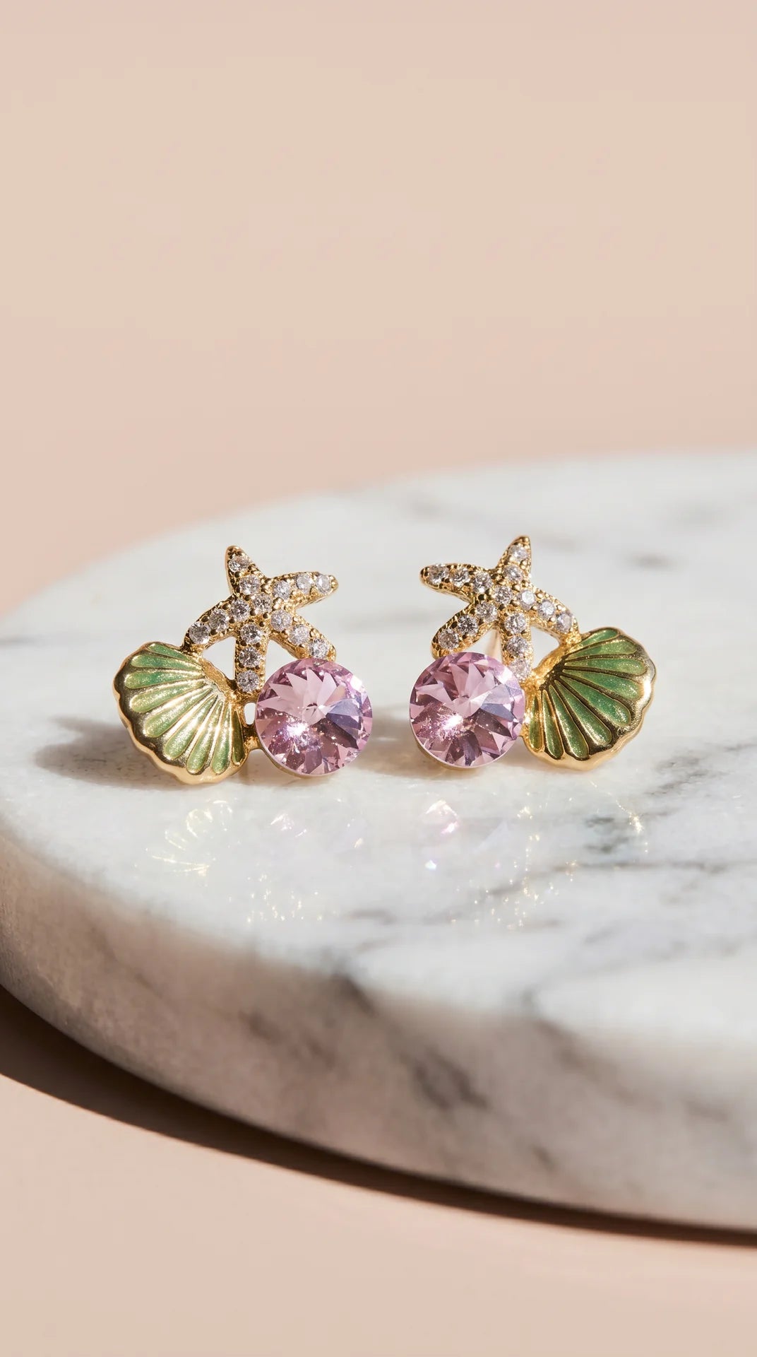 Starfish & Seashell Gold Plated Pink Crystal Stud Earrings