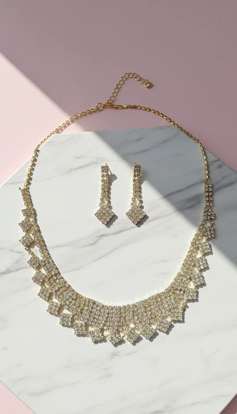 Square Cut Fringed Crystal Statement Necklace & Earrings Set