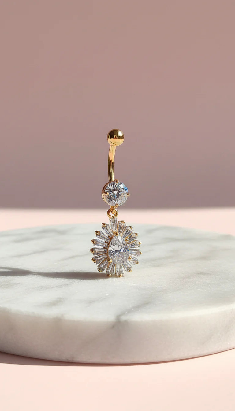 Teardrop Gold Plated Waterproof Stainless Steel Crystal Belly Bar