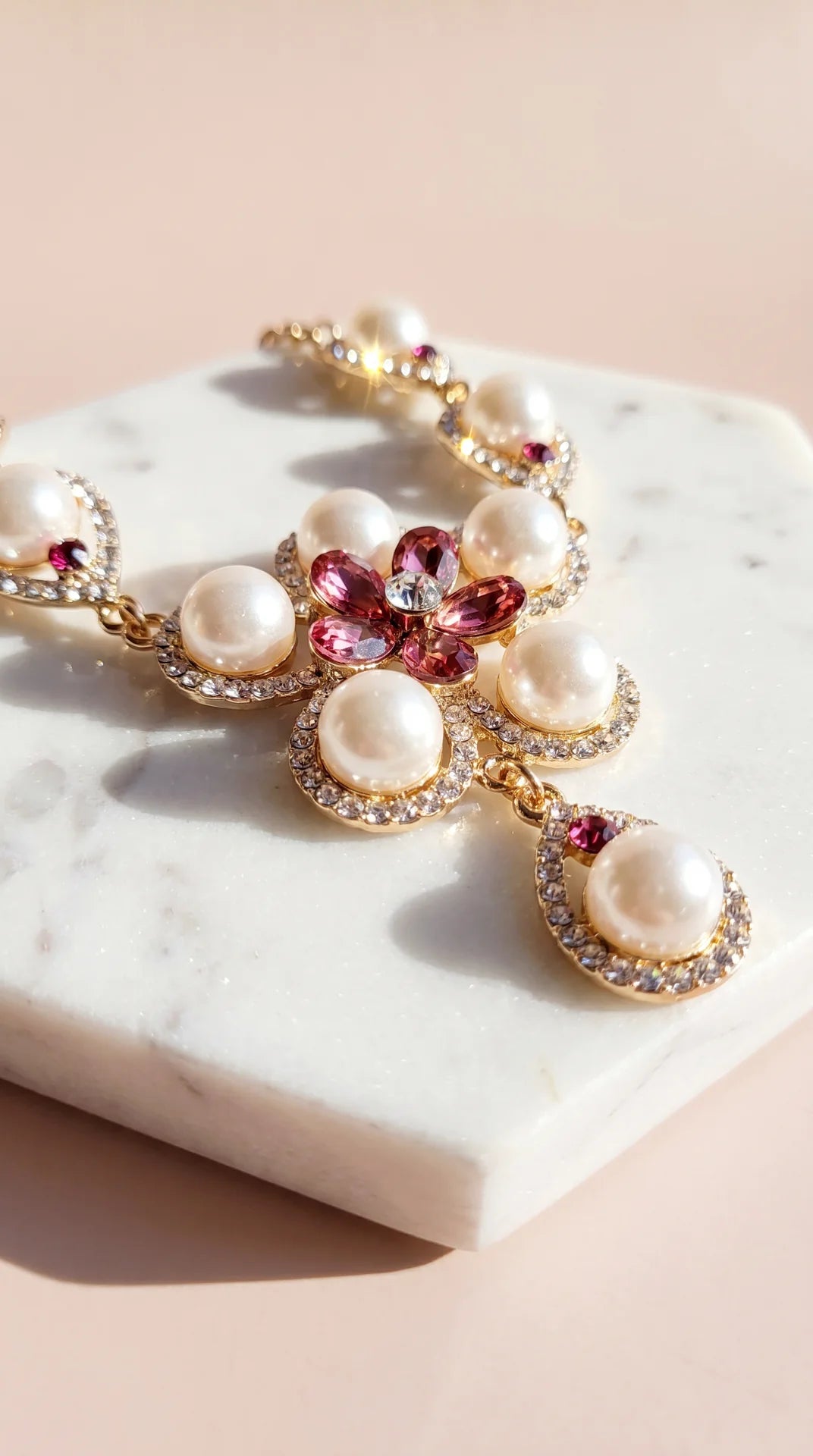 Floral Pearl Crystal Necklace & Earring Set