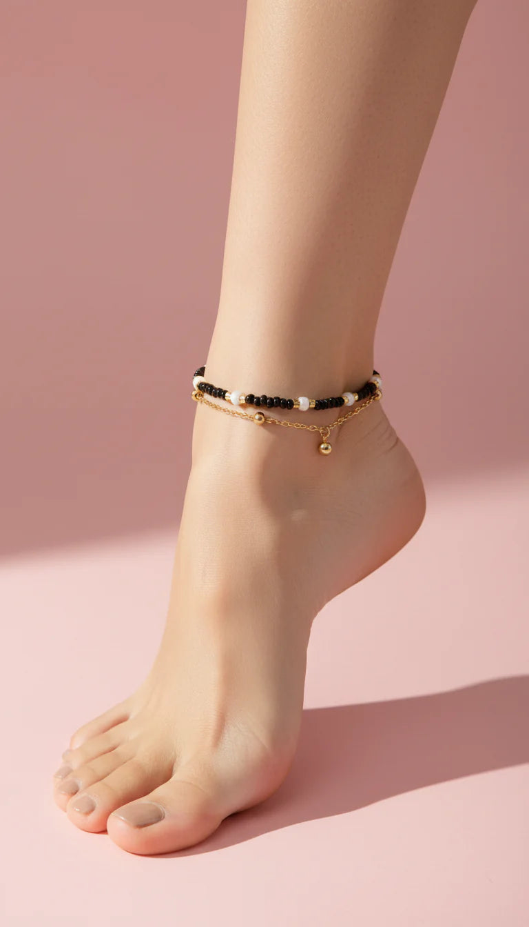 Layered Beaded Pull Tie Adjustable Anklet