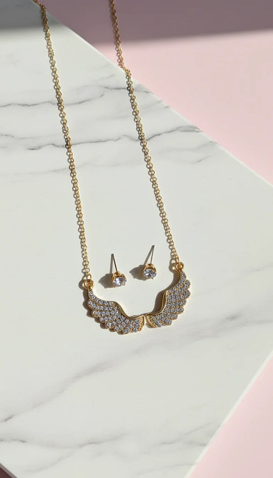 Crystal Angel Wings Pendant Necklace & Earring Set