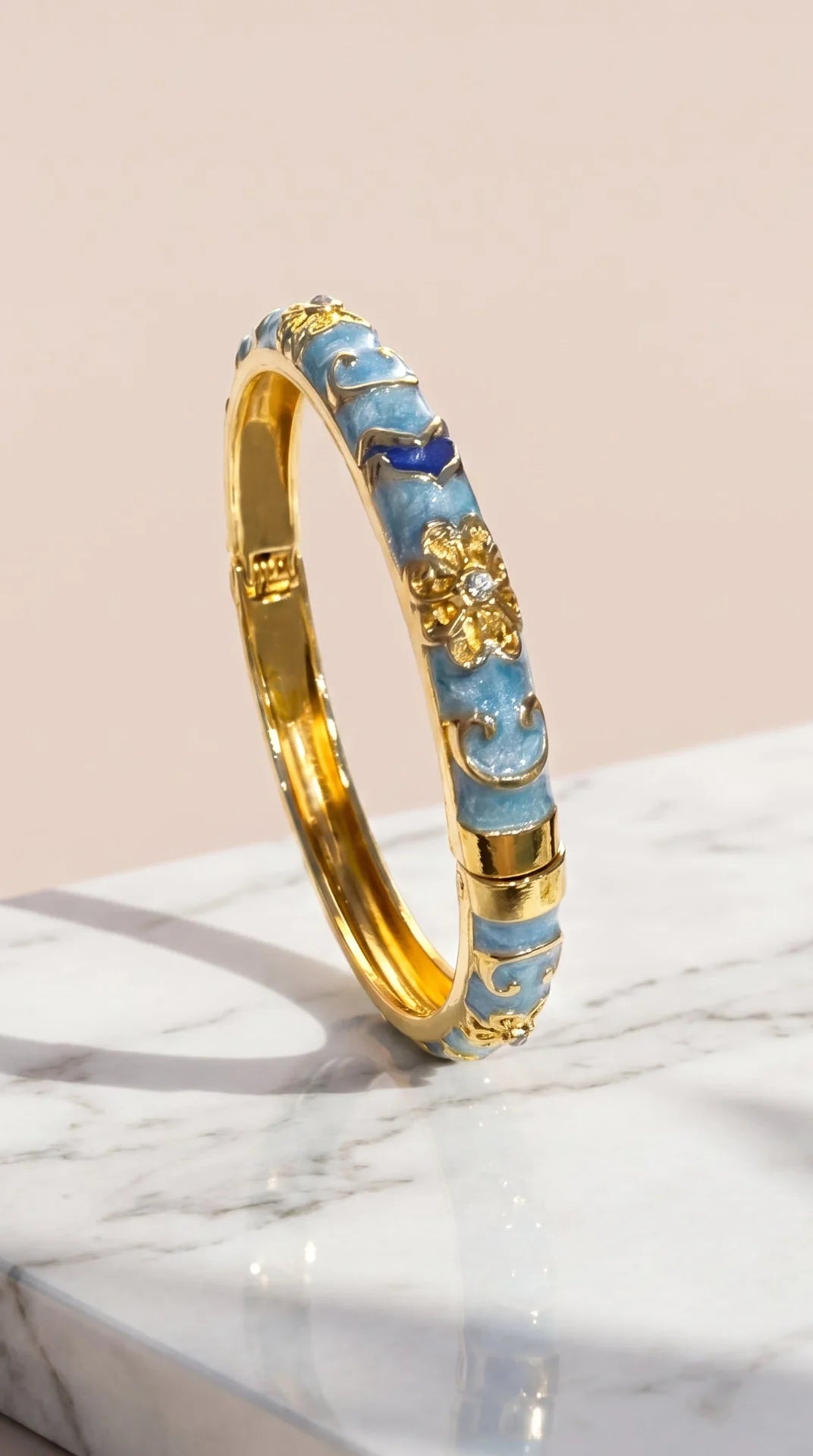 Gold Plated Steel Floral Enamel Crystal Bangle