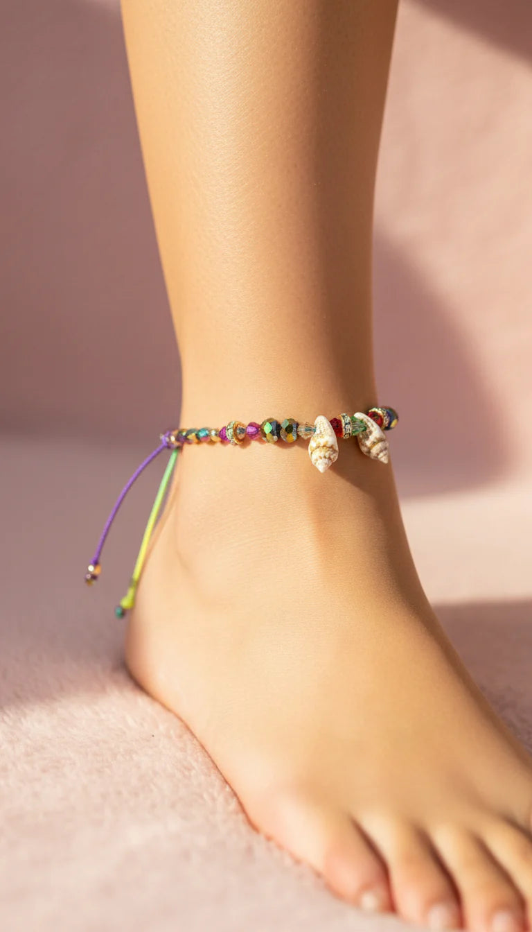 Beaded Shell Faceted Pull Tie Anklet