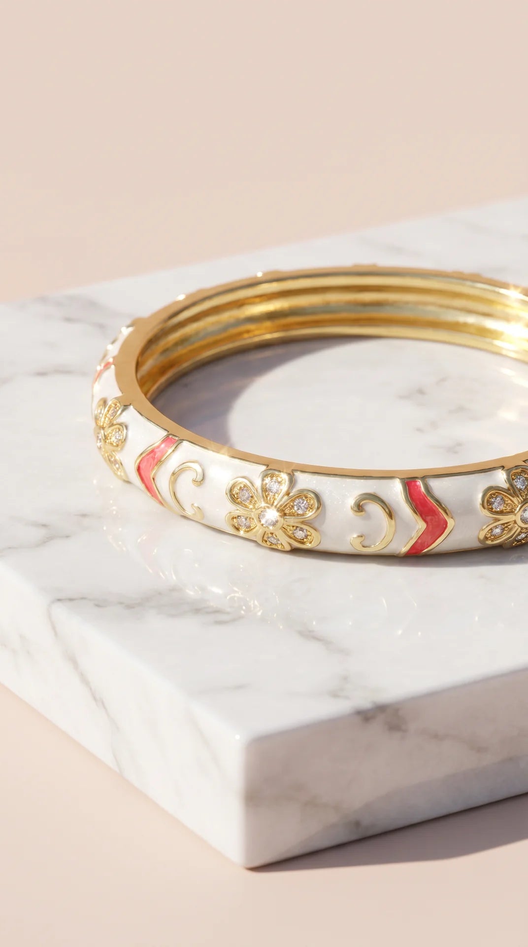 Gold Plated Steel Floral Enamel Crystal Bangle