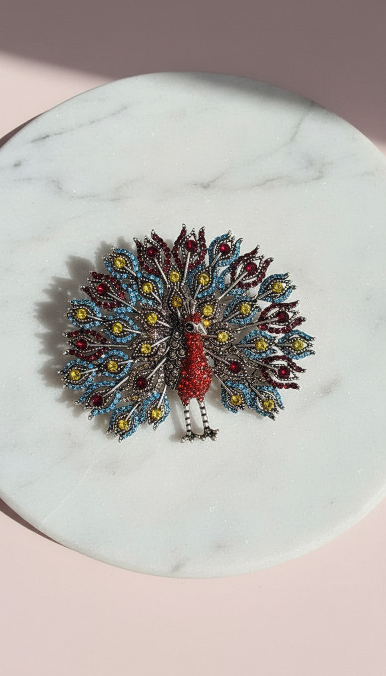 Crystal Silver Peacock Statement Brooch Rhinestone Pin