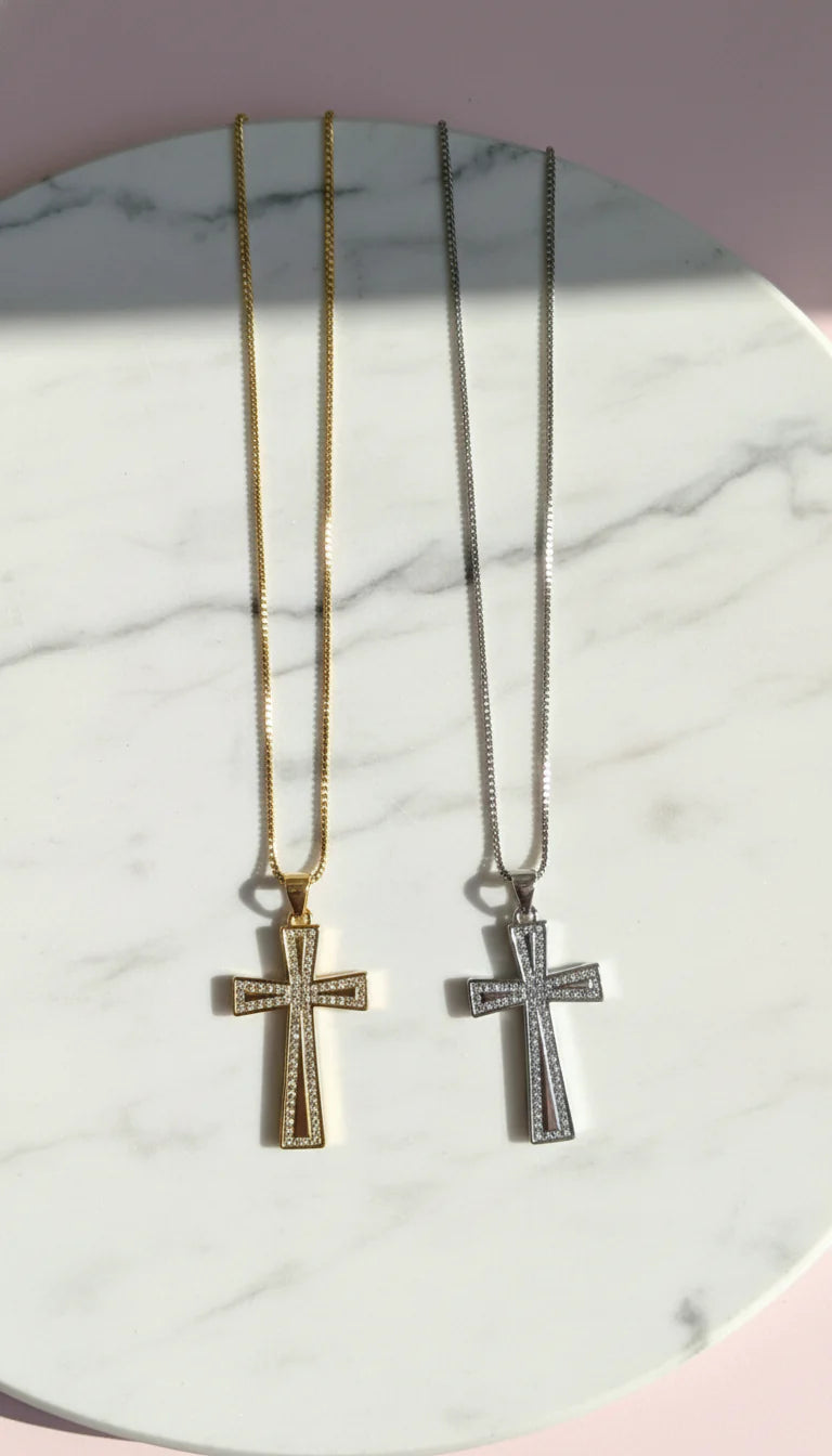 Pavé Crystal Gold Plated Cross Stainless Steel Necklace