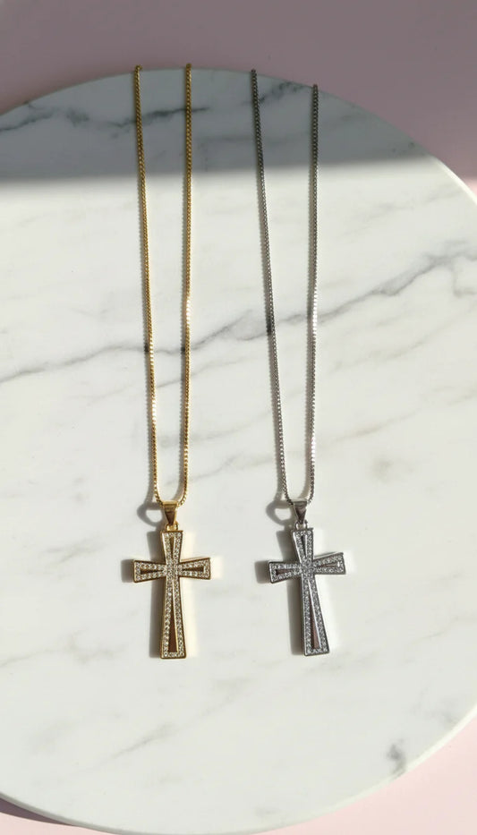 Pavé Crystal Gold Plated Cross Stainless Steel Necklace