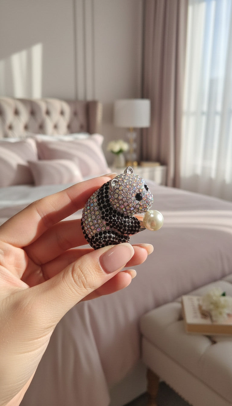 Panda With Pearl Crystal Statement Brooch Rhinestone Pin