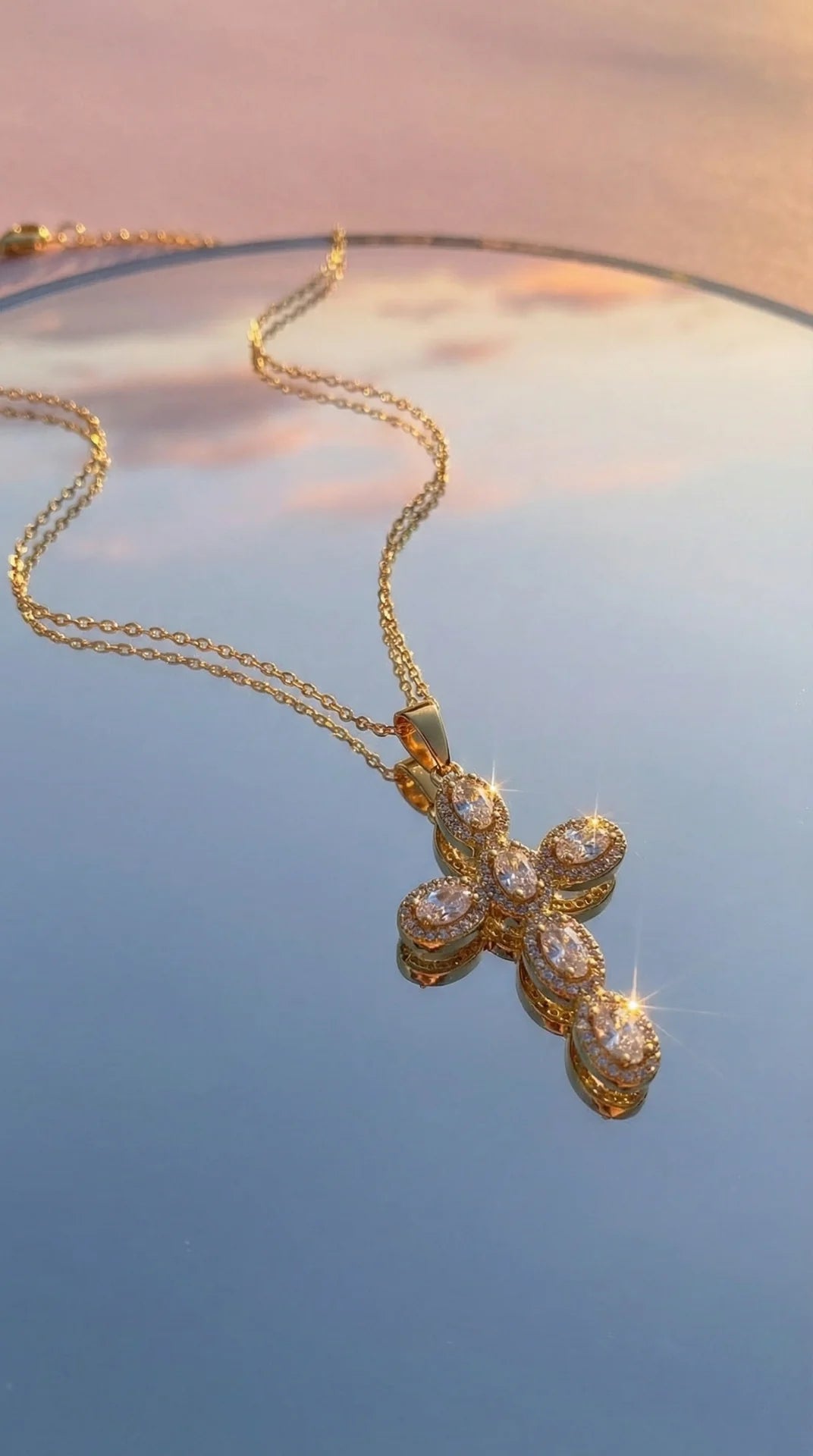 Waterproof Stainless Steel Oval Crystal Cross Necklace