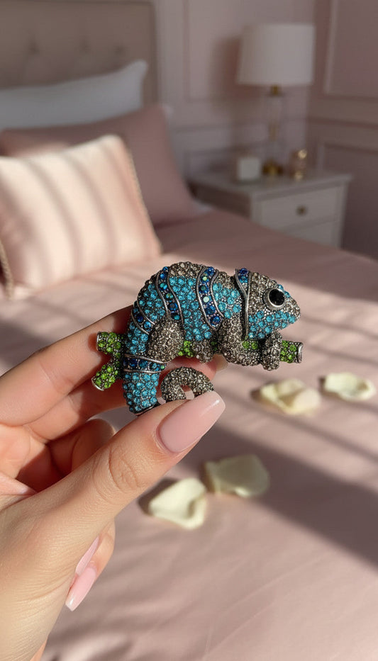Blue Chameleon Crystal Statement Brooch Rhinestone Pin