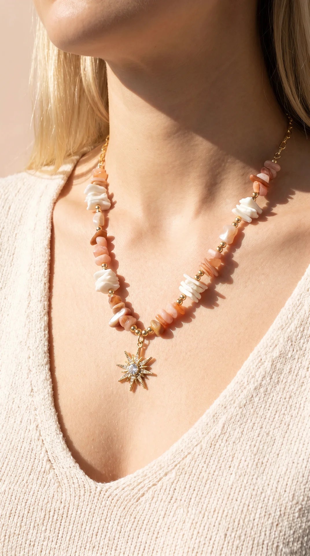 Natural Shell Gold Sun Burst Pendant Necklace