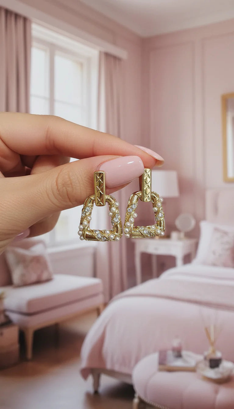 Pearl With Crystal Geometric Drop & Dangle Earrings