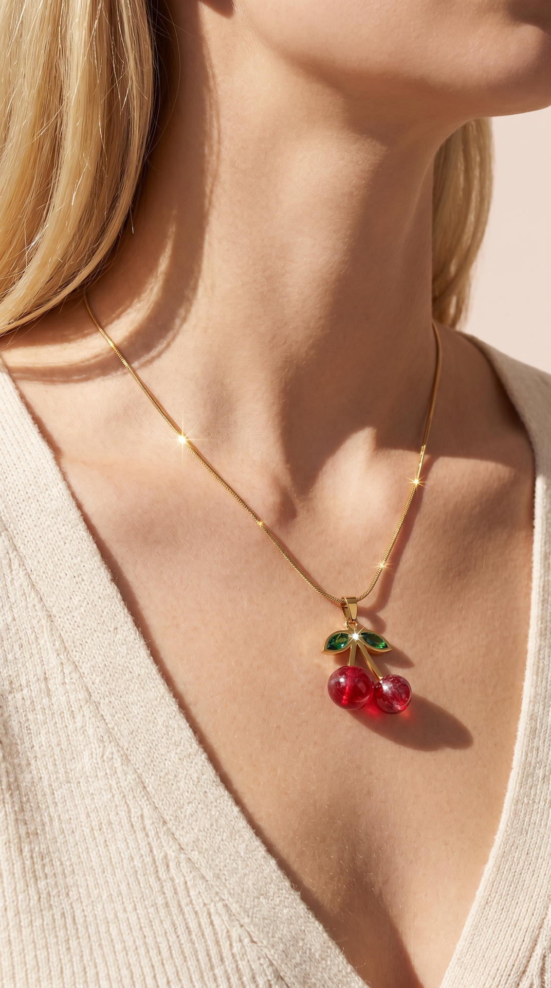 Red Cherry Crystal Gold Plated Steel Pendant Necklace