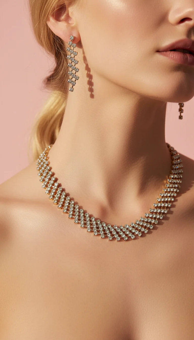 Curved Statement Crystal Necklace & Earrings Set