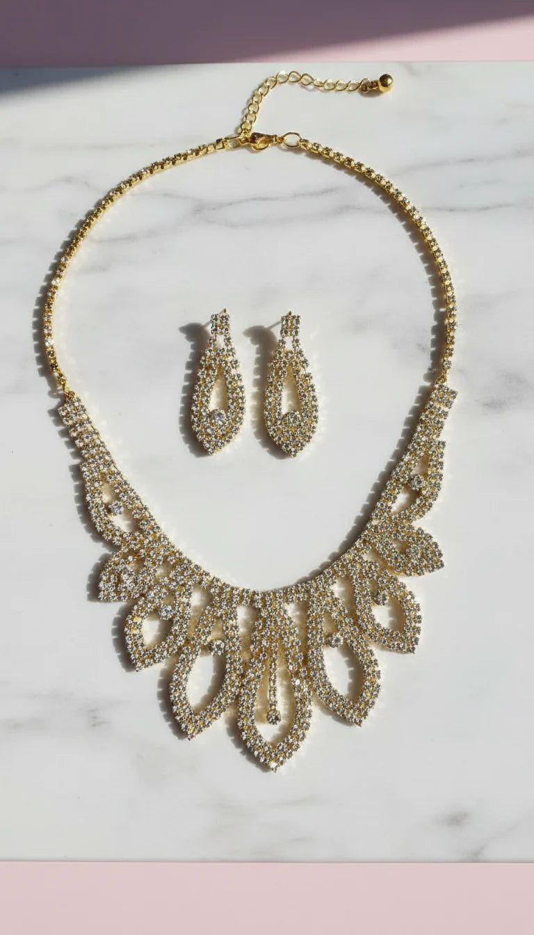 Crystal Teardrop Cascade Statement Necklace & Earrings Set