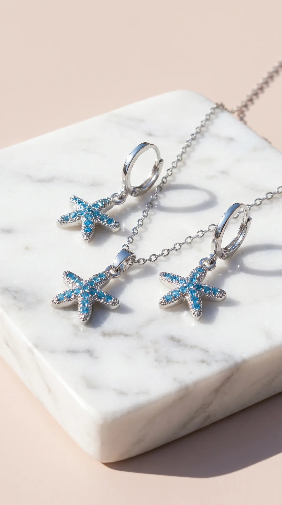 Blue Starfish Crystal Gold Plated Pendant Necklace & Earrings Set