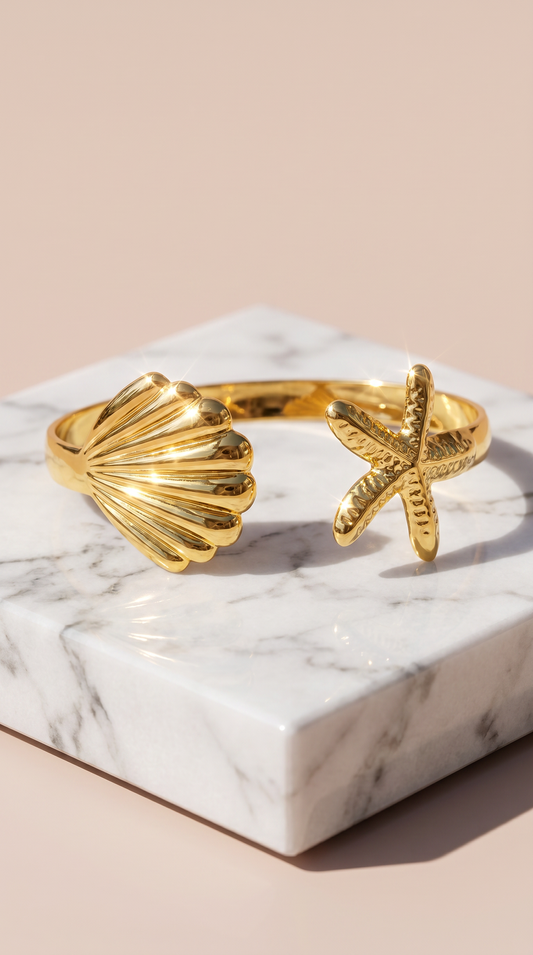 Starfish & Seashell Freesize Gold Cuff Bangle
