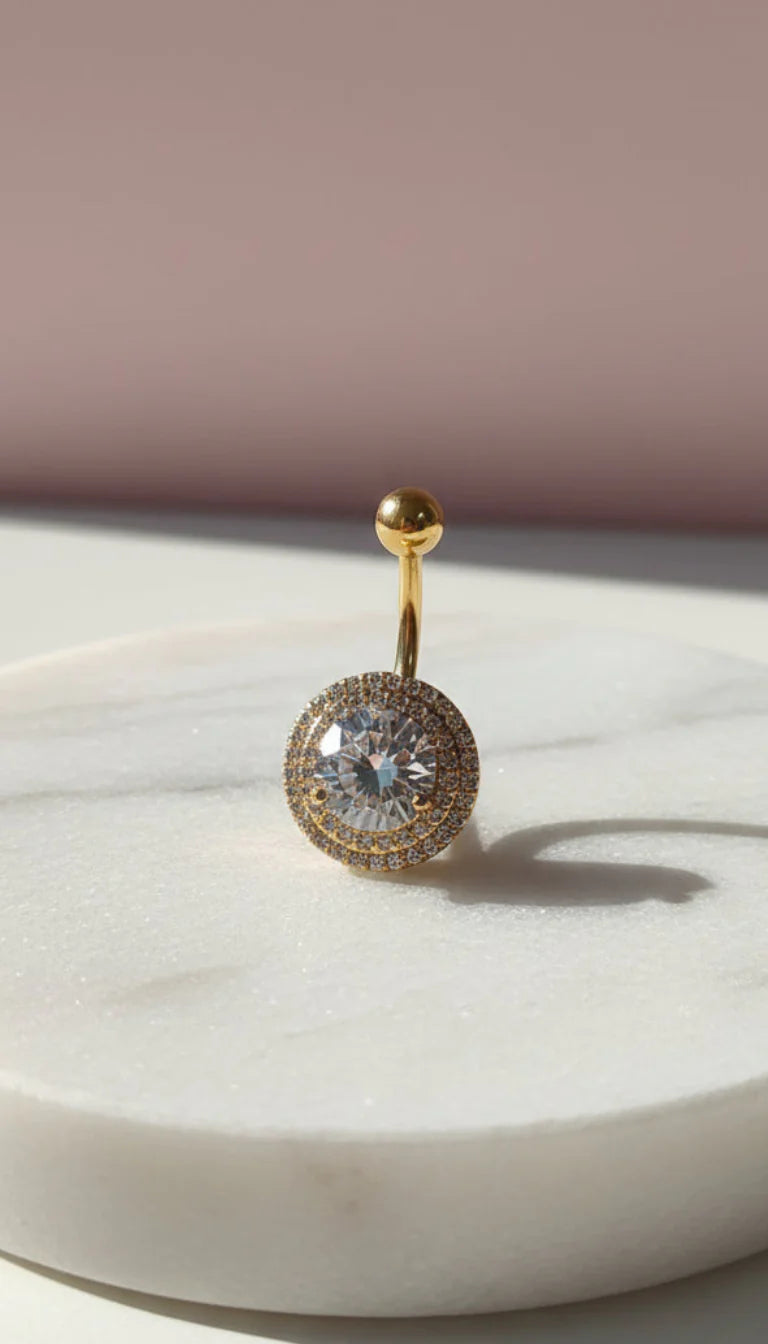 Round Cut Gold Plated Stainless Steel Crystal Belly Bar