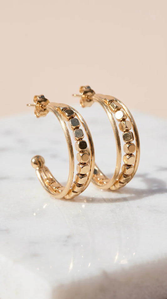 Metallic Beaded Cube Huggie Hoop Earrings