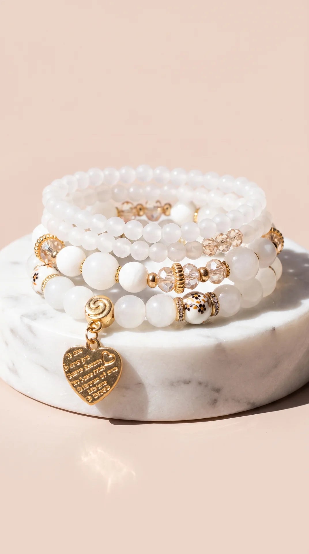 Gold Heart Charm Beaded Bracelet Stacking Set