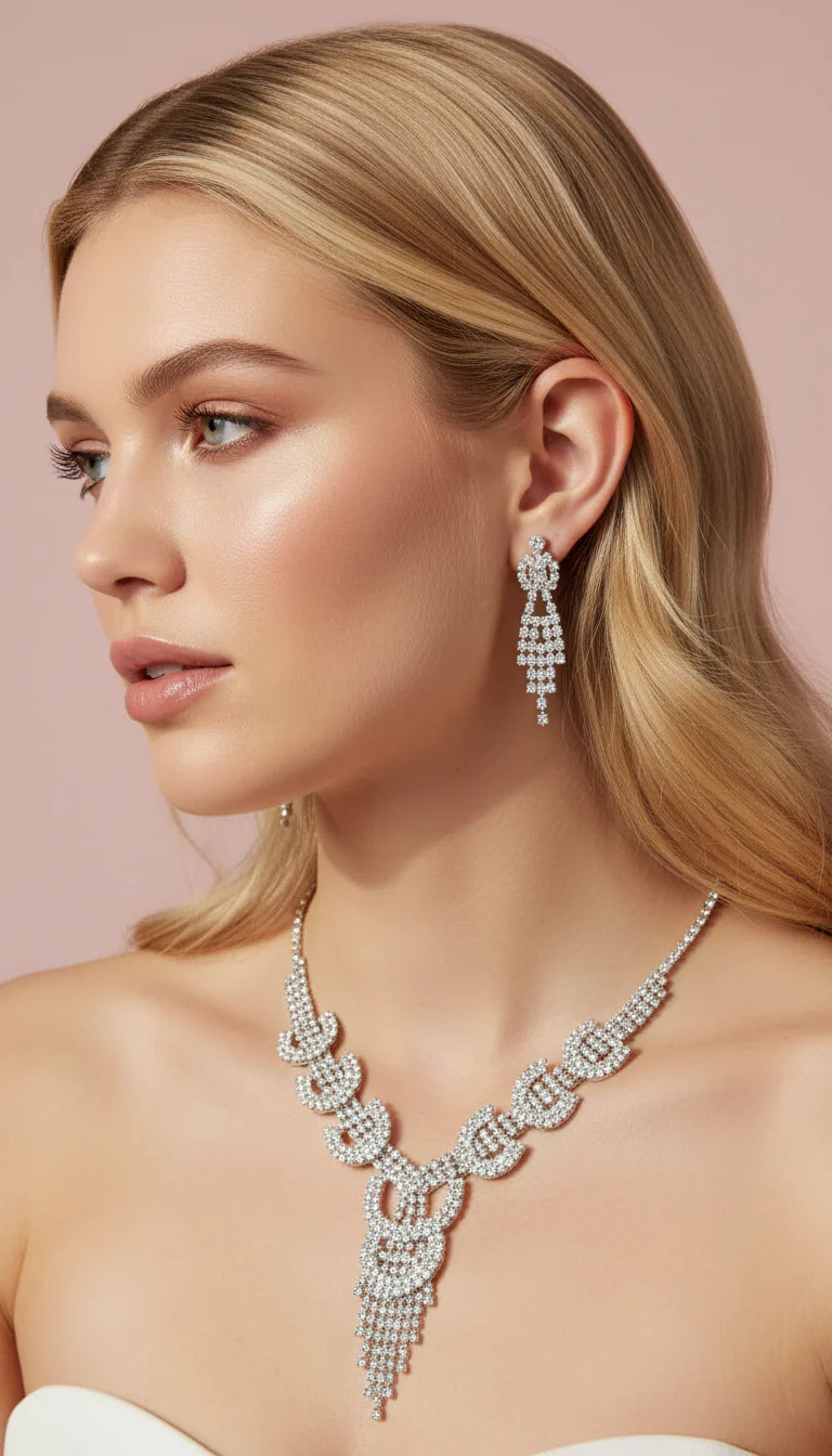 Linked Cluster Crystal Statement Necklace & Earrings Set