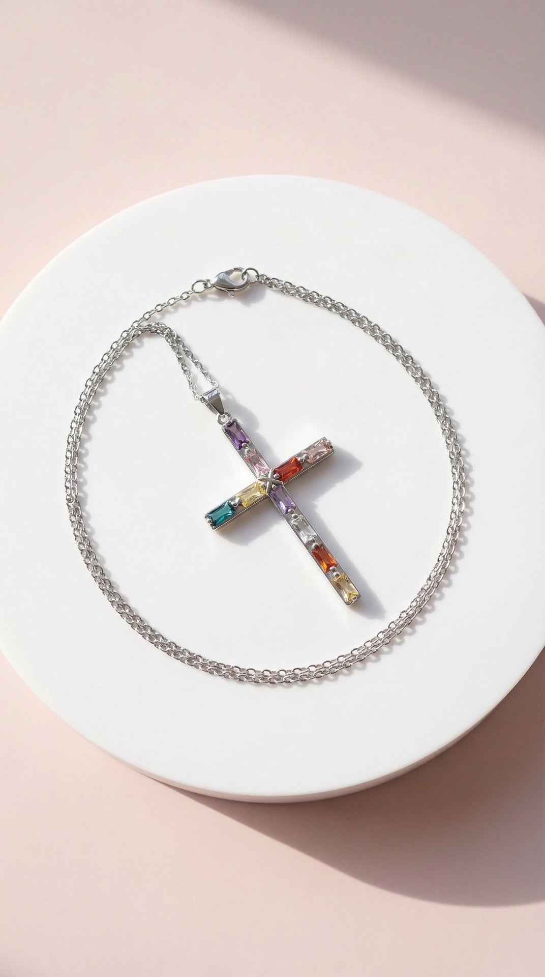 Waterproof Rainbow Baguette Cut Crystal Cross Stainless Steel Necklace