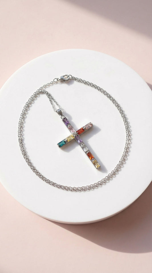 Waterproof Rainbow Baguette Cut Crystal Cross Stainless Steel Necklace