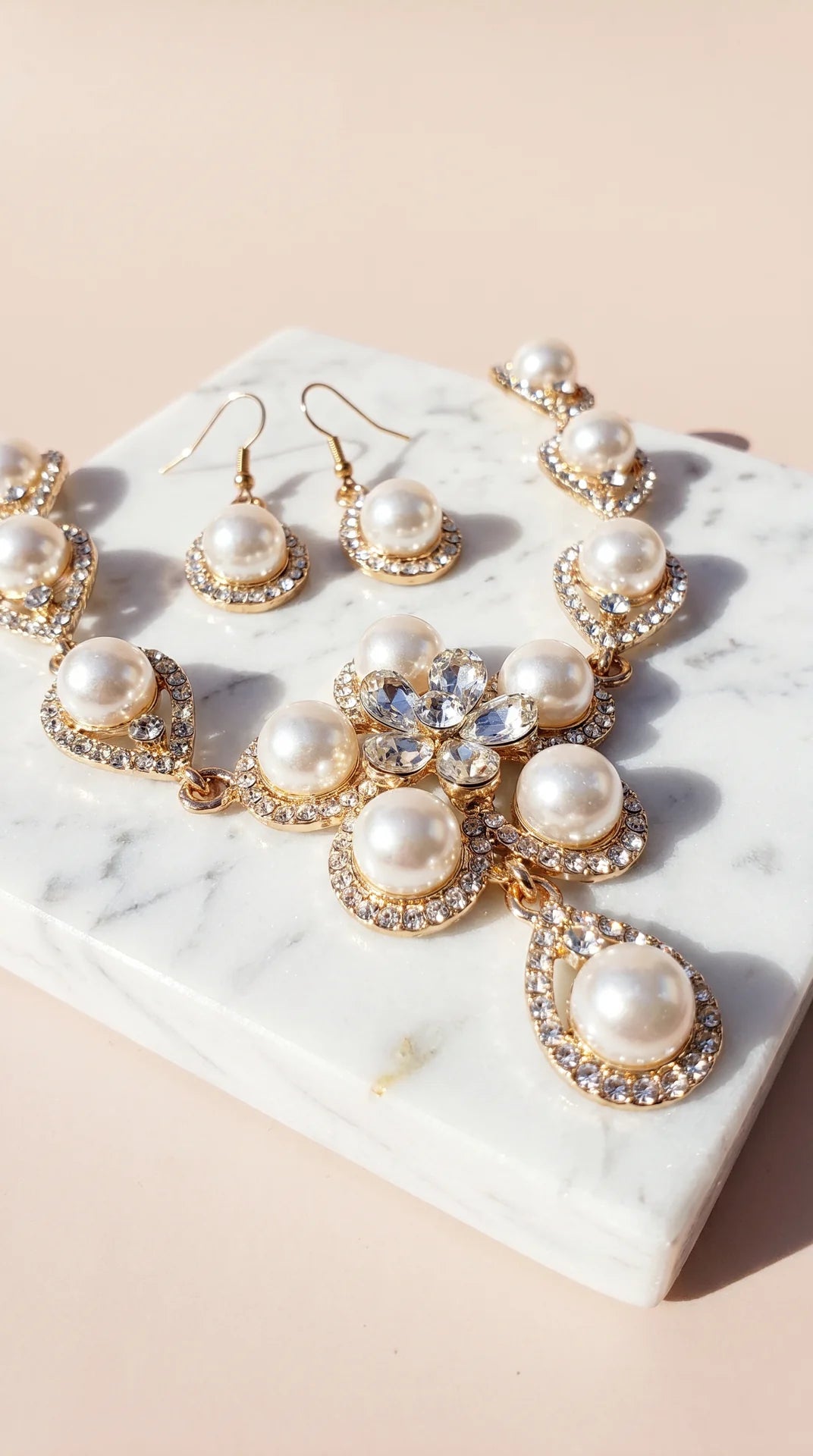 Floral Pearl Crystal Necklace & Earring Set