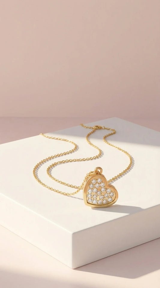 Pavé Heart Crystal Stainless Steel Gold Plated Pendant Necklace