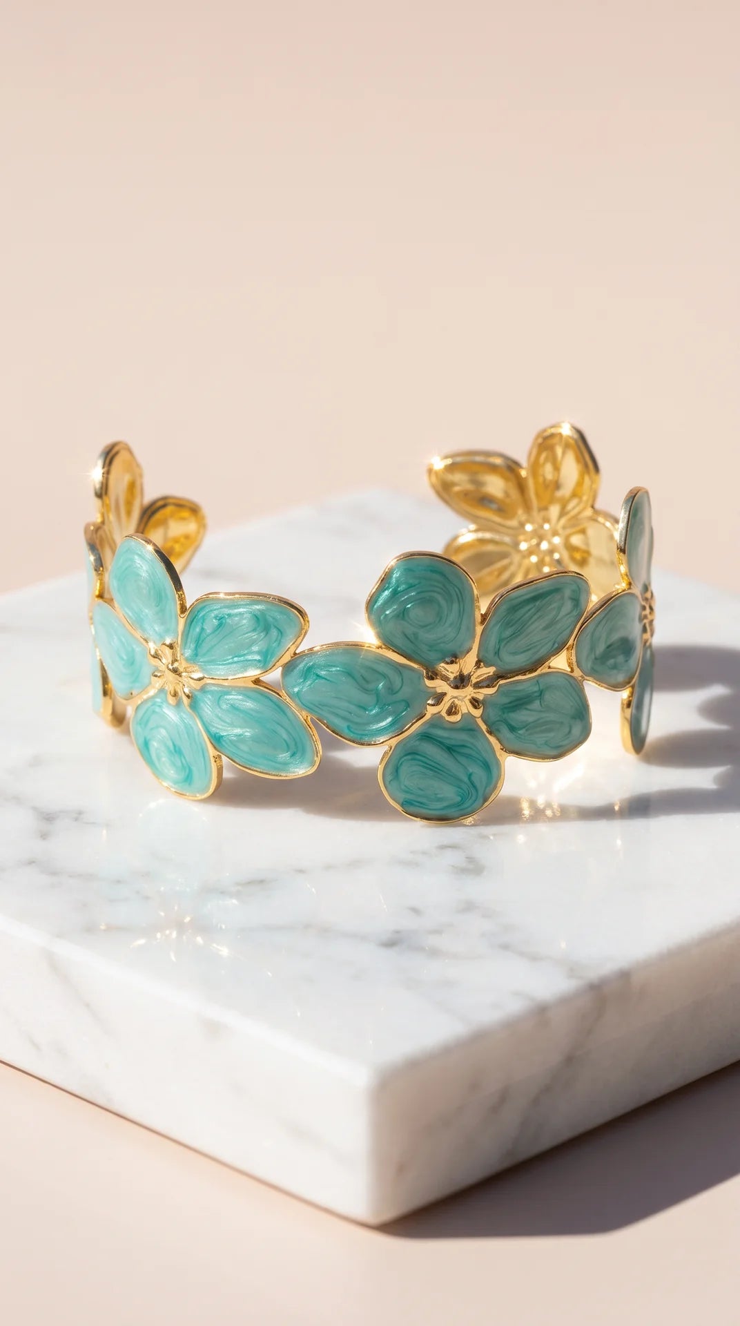 Turquoise Enamel Gold Floral Cuff Bangle