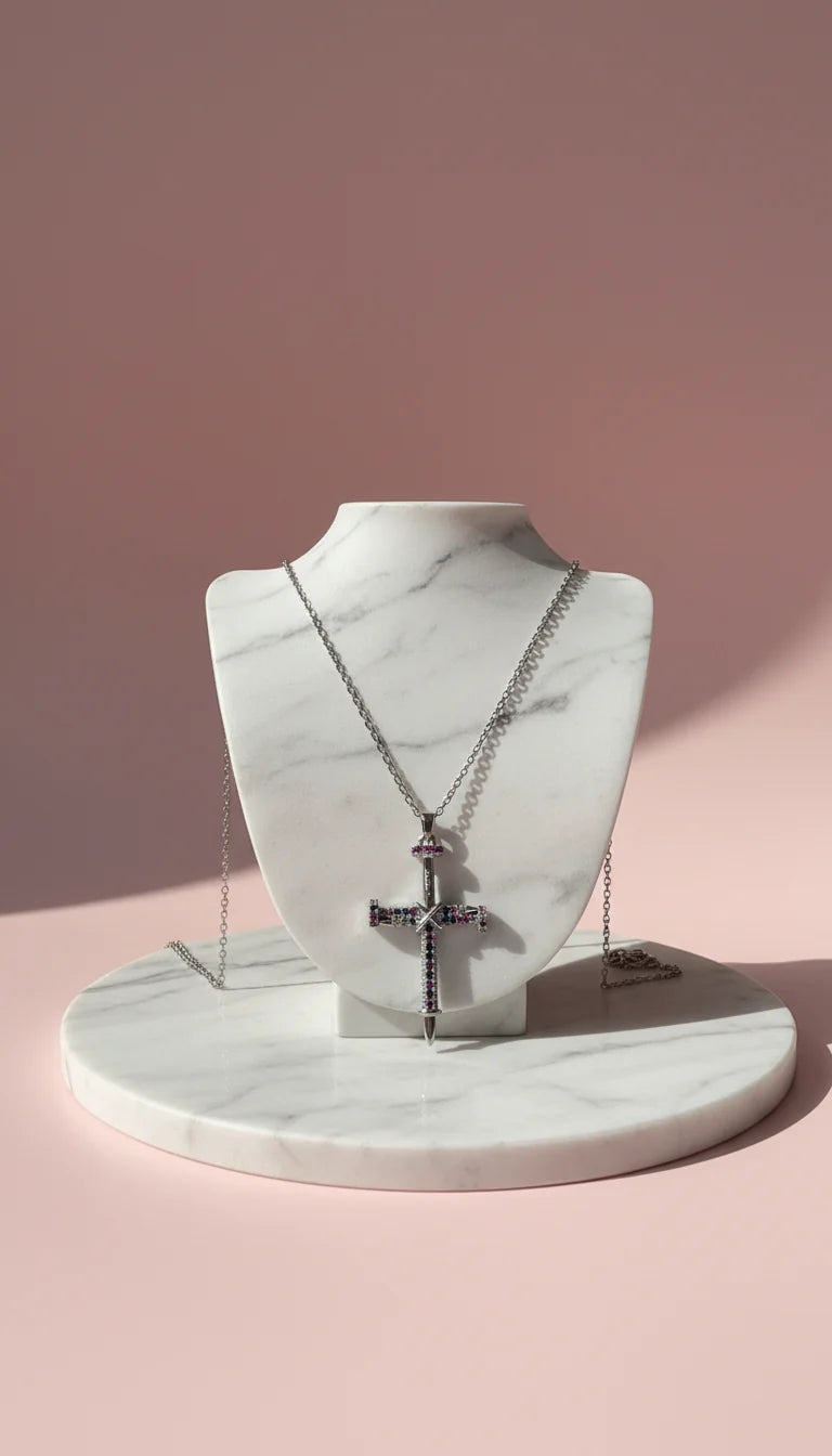 Waterproof Stainless Steel Rainbow Crystal Cross Necklace