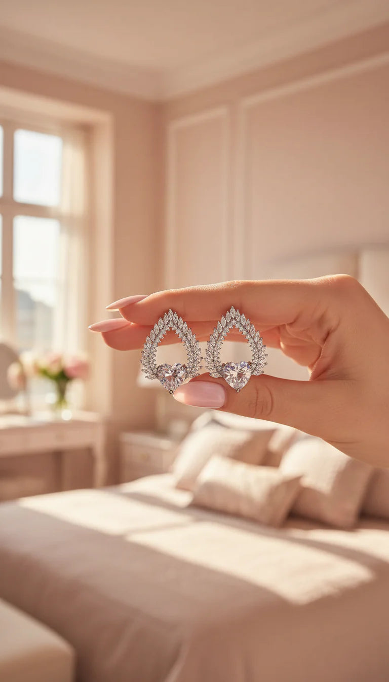 Teardrop Heart Crystal Stud Earrings