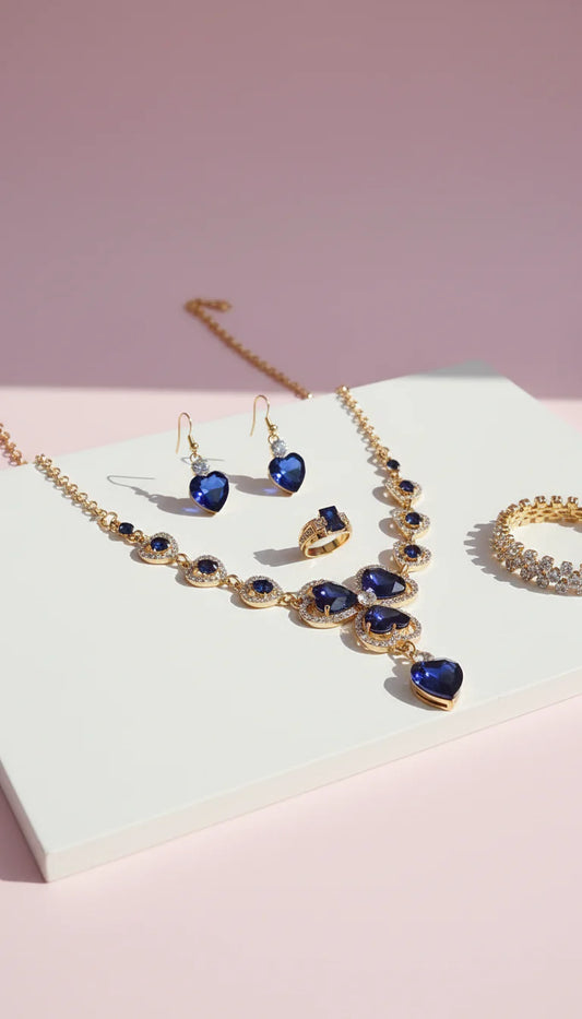 Blue Heart Crystal Necklace, Bracelet, Earrings & Ring Set With Gift Box