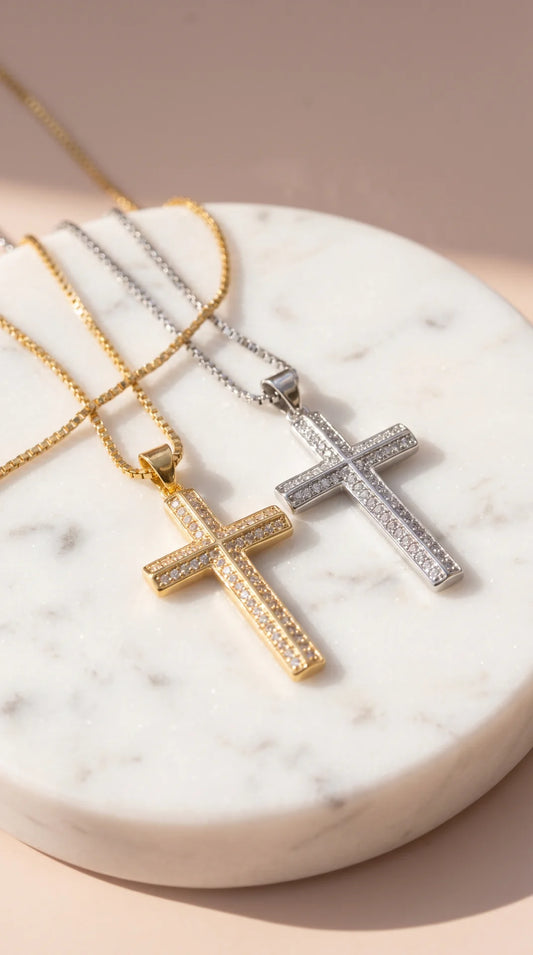 Structured Crystal Cross Symbolic Necklace Pendant