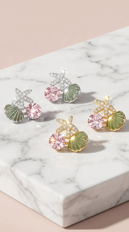 Starfish & Seashell Pink Crystal Stud Earrings