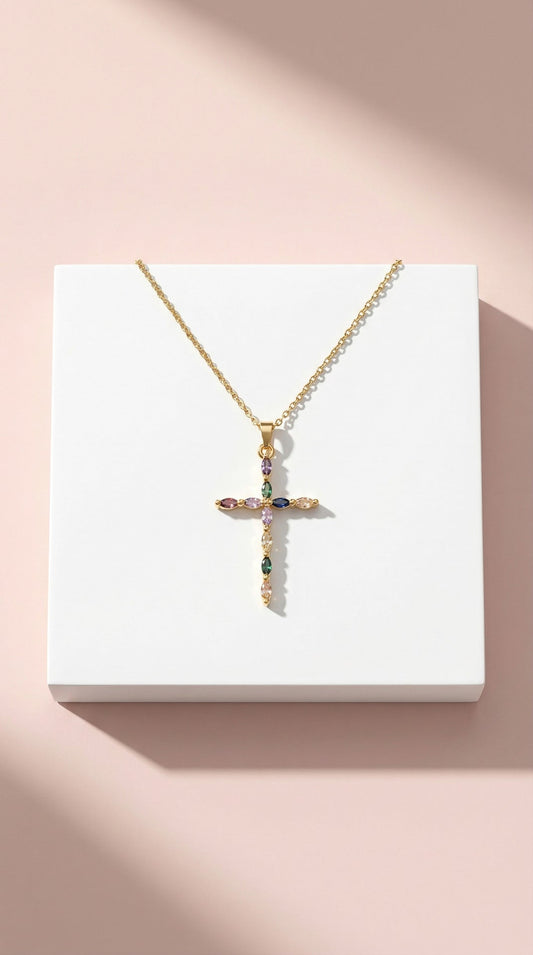Waterproof Rainbow Oval Crystal Cross Stainless Steel Necklace