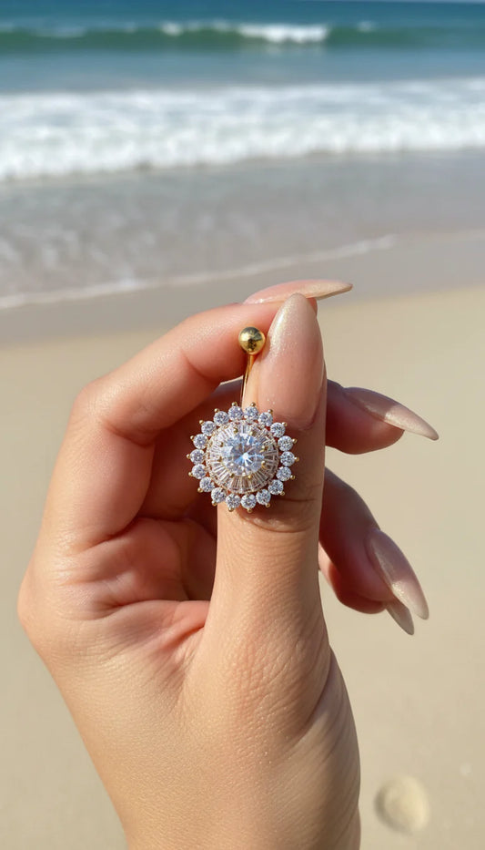 Gold Plated Layered Sunburst Statement Stainless Steel Crystal Belly Bar