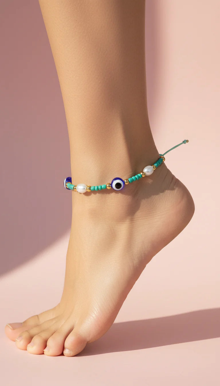Evil Eye Beaded Pull Tie Anklet
