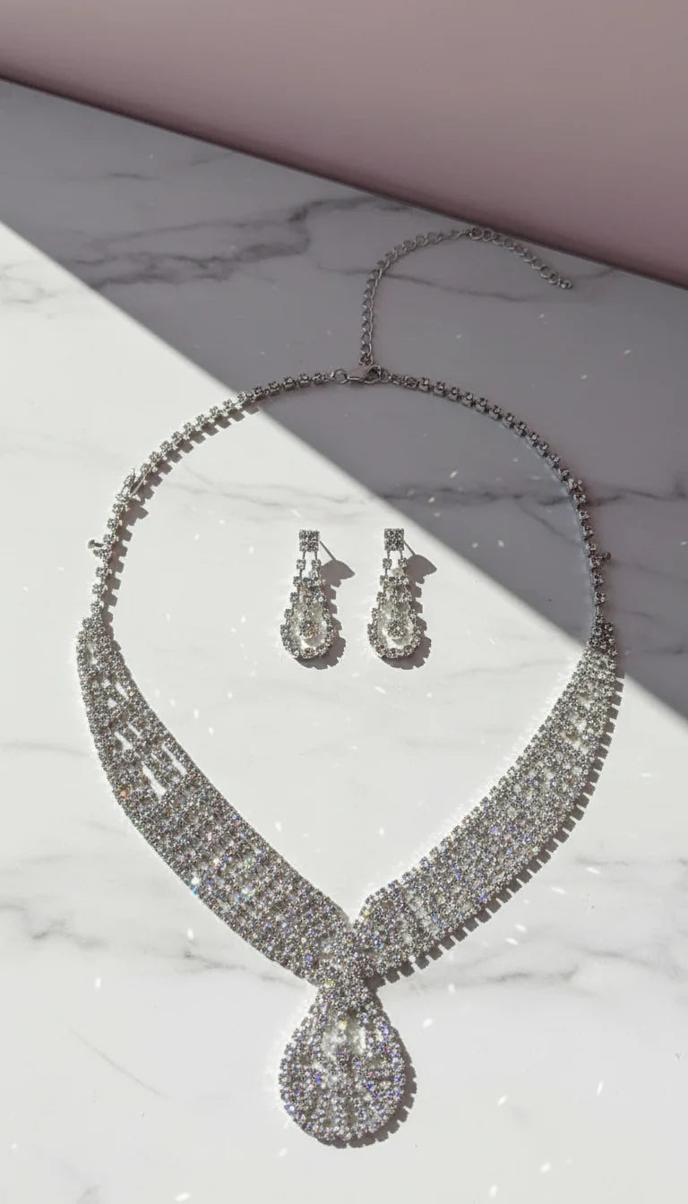Teardrop Contour Crystal Statement Necklace & Earrings Set