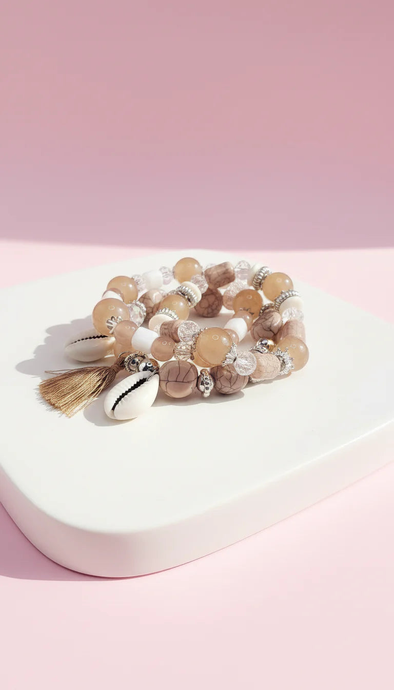 Shell & Tassel Charm Ceramic Beaded Bracelet Set