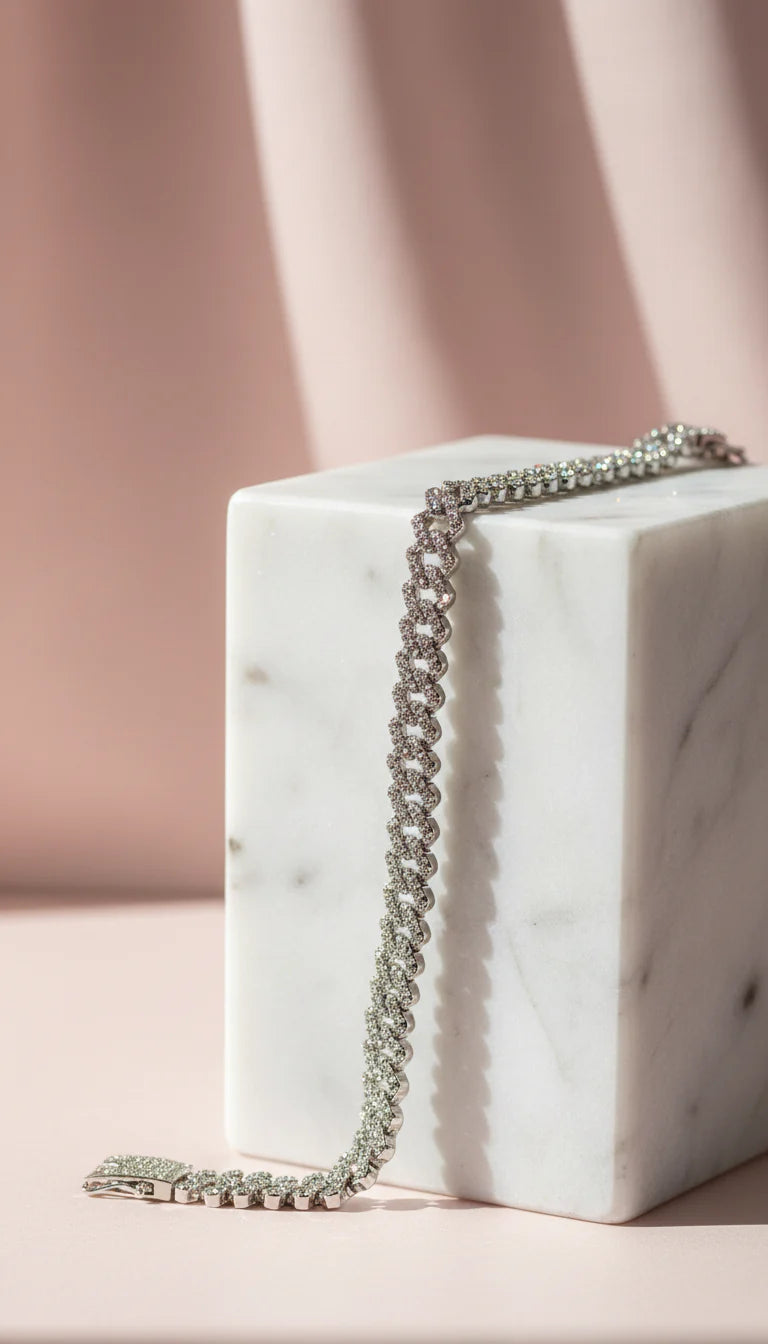 Waterproof Stainless Steel Crystal Curb Bracelet Chain