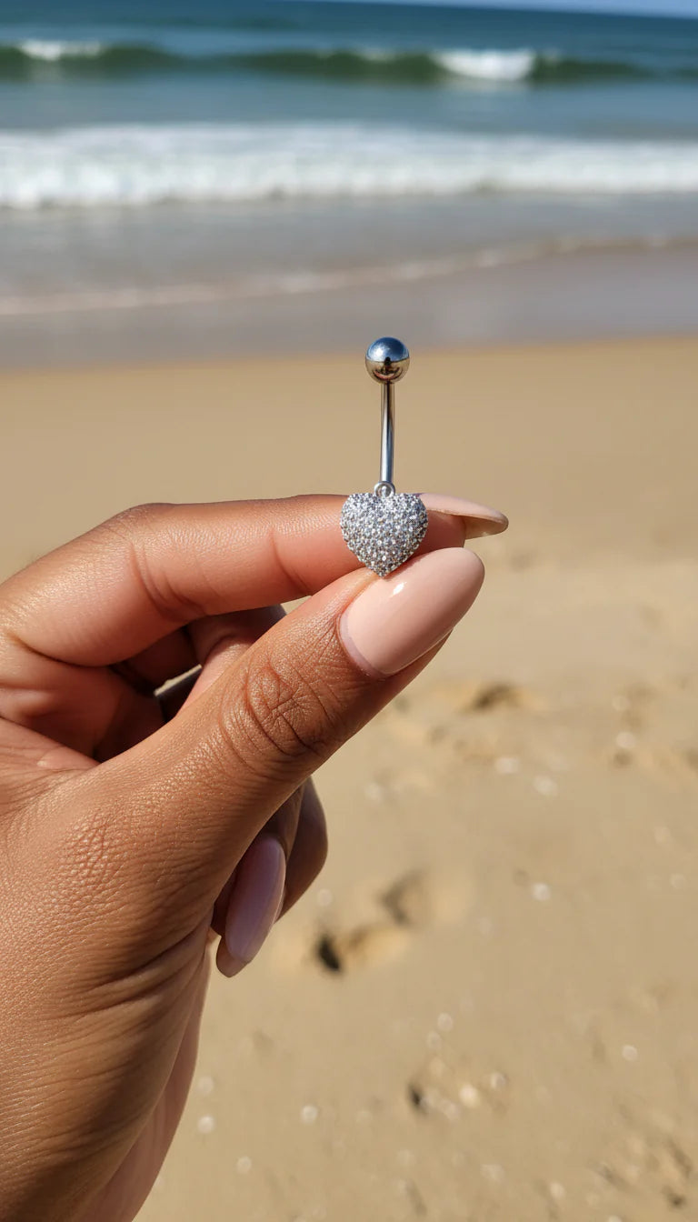 Gold Plated Heart Shaped Mirco Pavé Stainless Steel Crystal Belly Bar