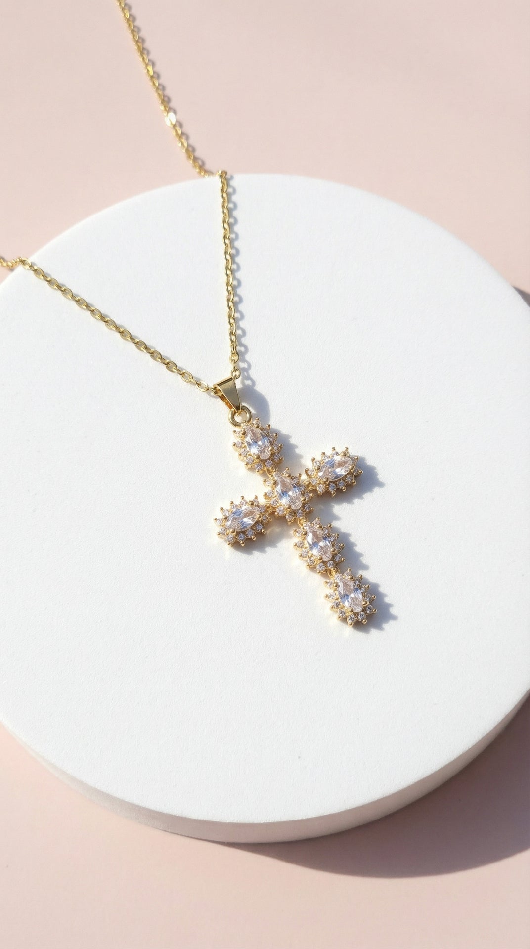 Waterproof Oval Crystal Gold Cross Symbolic Stainless Steel Necklace