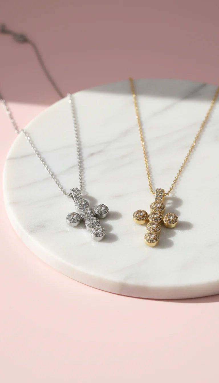 Waterproof Stainless Steel Oval Crystal Cross Necklace
